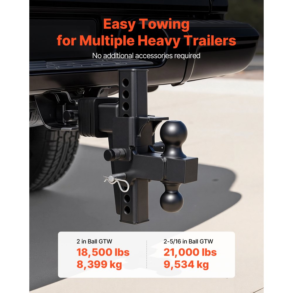 VEVOR Adjustable Trailer Hitch, Fit 2.5 Inch Receiver, Trailer Hitch Mount with 2 Inch & 2-5/16 Inch Balls, 21000 lbs GTW, 9 Inch Drop, Towing Ball Mounts for RVs, Off-Road Vehicles and Trucks, Black