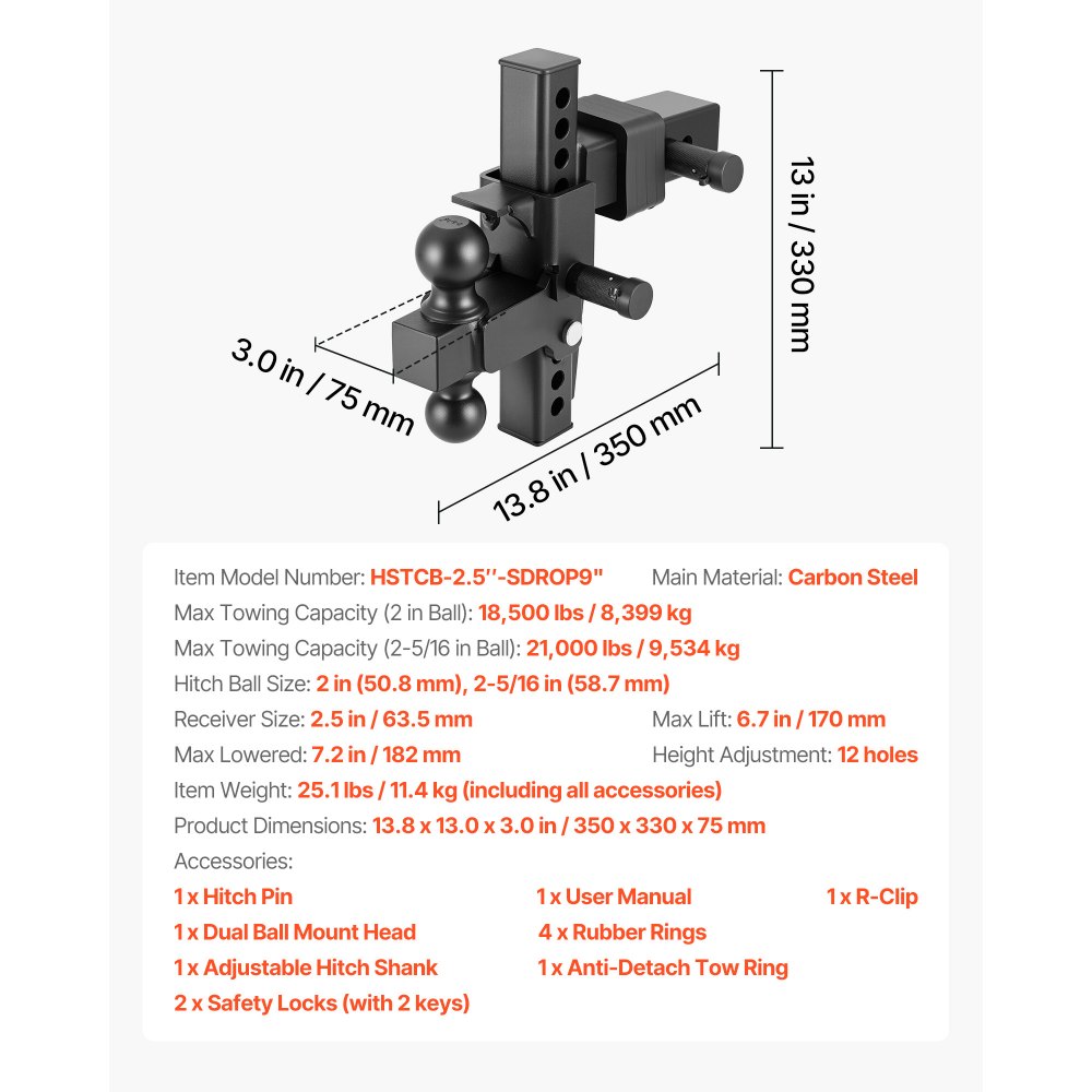 VEVOR Adjustable Trailer Hitch, Fit 2.5 Inch Receiver, Trailer Hitch Mount with 2 Inch & 2-5/16 Inch Balls, 21000 lbs GTW, 9 Inch Drop, Towing Ball Mounts for RVs, Off-Road Vehicles and Trucks, Black
