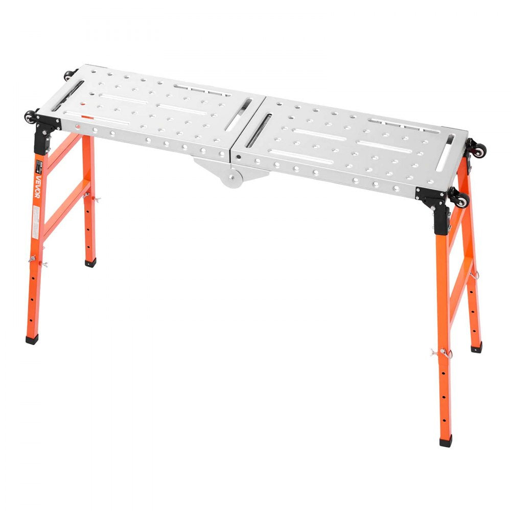 VEVOR 2-in-1 Foldable Welding Table 55" x 14" Work Bench 1100LBS Capacity, 5-Level Height Adjustable, Heavy-Duty Steel Welding Platform with 4 Wheels, 12 Tool Slots & 0.55" Fixture Holes for Workshops