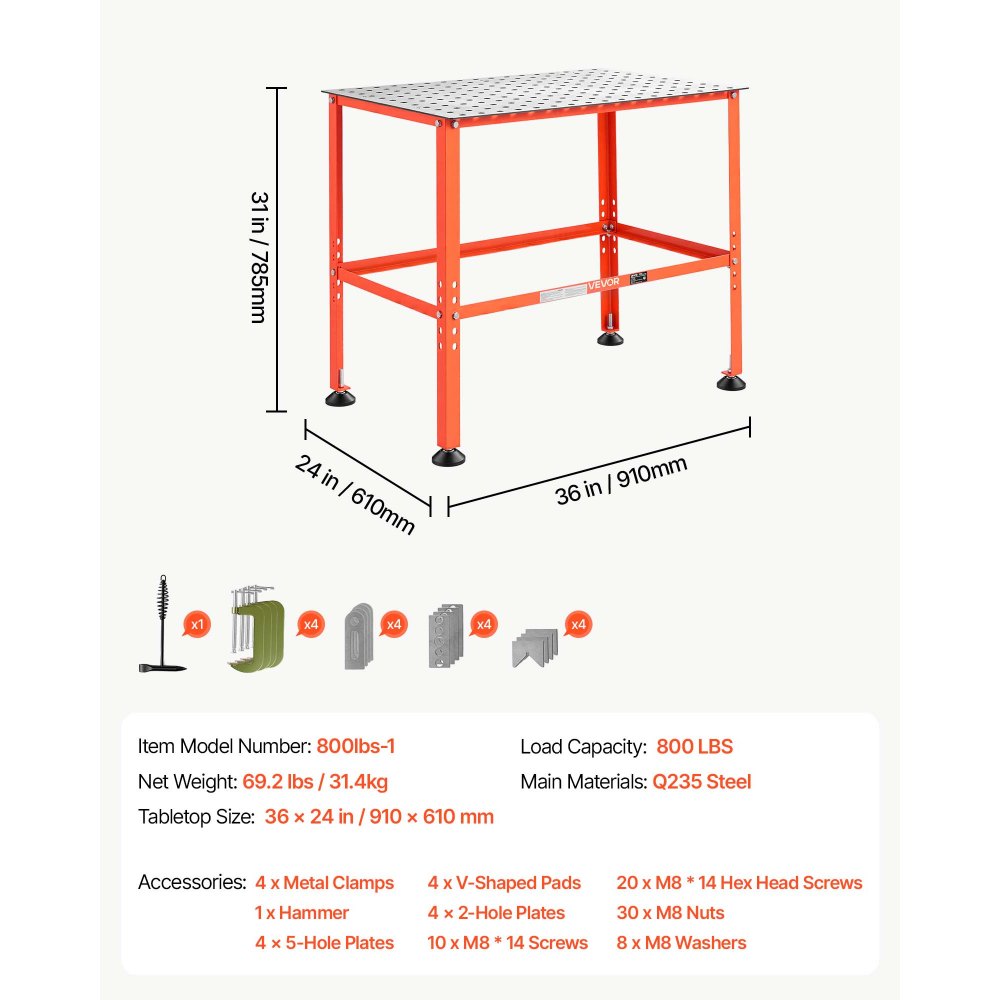 VEVOR Welding Table, 36" x 24" Welding Workbench with 800LBS Weight Capacity, Heavy-Duty Steel Work Table Platform with 0.63" Fixture Holes for Welding, Metal Fabrication, Assembly, Repair Tasks
