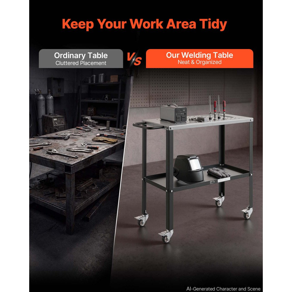VEVOR Welding Table 36" x 18" Movable Welding Workbench 1200LBS Capacity, Heavy-Duty Steel Work Table Platform with 4 Lockable Casters, 4 Tool Slots, 0.63" Fixture Holes, Tool Tray for Workshops