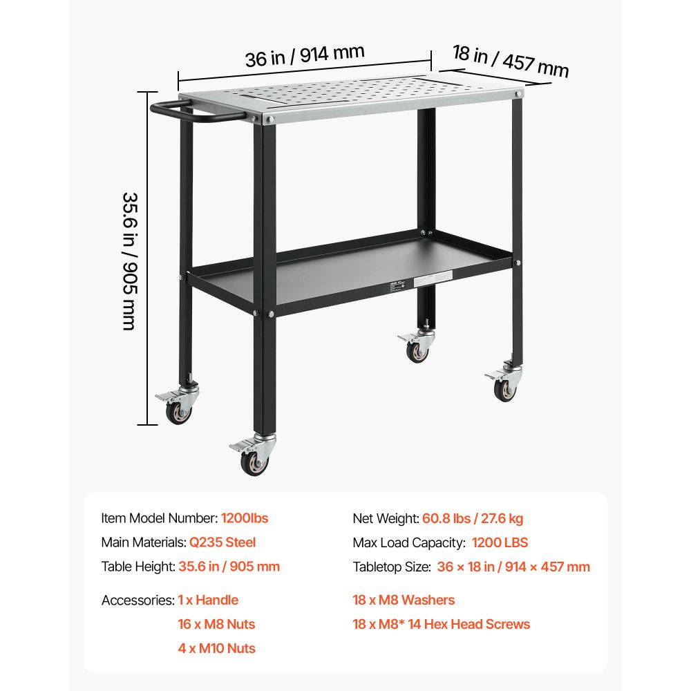 VEVOR Welding Table 36" x 18" Movable Welding Workbench 1200LBS Capacity, Heavy-Duty Steel Work Table Platform with 4 Lockable Casters, 4 Tool Slots, 0.63" Fixture Holes, Tool Tray for Workshops