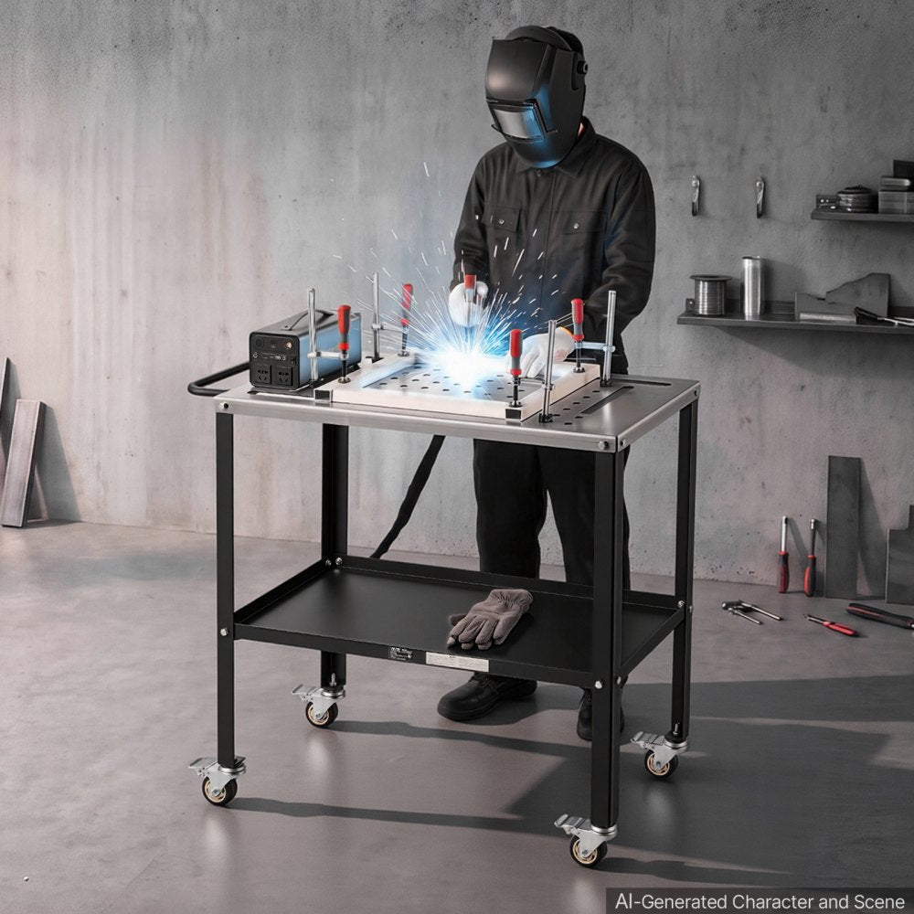 VEVOR Welding Table 36" x 18" Movable Welding Workbench 1200LBS Capacity, Heavy-Duty Steel Work Table Platform with 4 Lockable Casters, 4 Tool Slots, 0.63" Fixture Holes, Tool Tray for Workshops