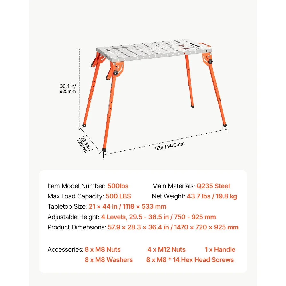 VEVOR Foldable Welding Table, 44" x 21" Welding Workbench 500LBS Capacity, 4-Level Adjustable Height, Heavy-Duty Steel Work Table with 6 Tool Slots & 0.63" Fixture Holes for Welding Assembly Repair