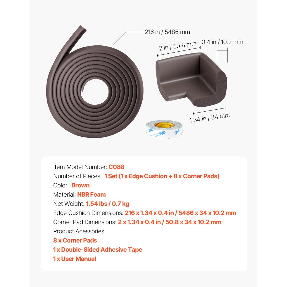 VEVOR Baby Proofing Edge Corner Protector, 18 ft Edge Cushion, 8 Corner Pads, Soft NBR Foam, 3M Adhesive, Child Proof Table Safety Bumper Guards, Easy Installation, for Furniture Fireplace Protection