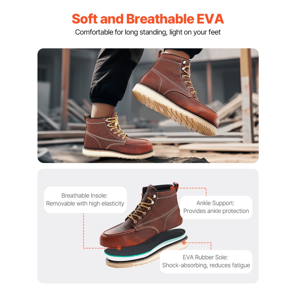 VEVOR Steel Toe Work Boots, US Size 10.5, Waterproof Moc Toe Work Boots for Men, Slip-Resistant Work Boot, Lightweight and Breathable EVA Rubber Sole Mens Boots for Industry Construction, Brown