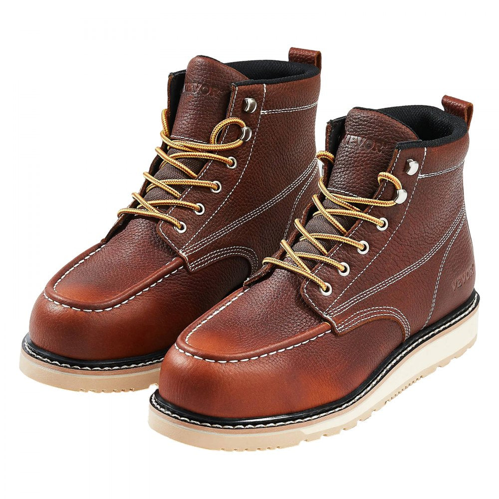 VEVOR Steel Toe Work Boots, US Size 10.5, Waterproof Moc Toe Work Boots for Men, Slip-Resistant Work Boot, Lightweight and Breathable EVA Rubber Sole Mens Boots for Industry Construction, Brown