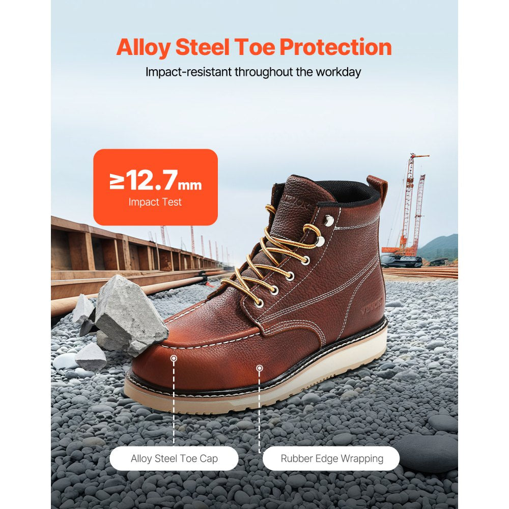 VEVOR Steel Toe Work Boots, US Size 8.5, Waterproof Moc Toe Work Boots for Men, Slip-Resistant Work Boot, Lightweight and Breathable EVA Rubber Sole Mens Boots for Industry Construction, Brown