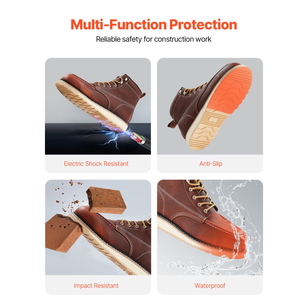 VEVOR Steel Toe Work Boots, US Size 9, Waterproof Moc Toe Work Boots for Men, Slip-Resistant Work Boot, Lightweight and Breathable EVA Rubber Sole Mens Boots for Industry Construction, Brown