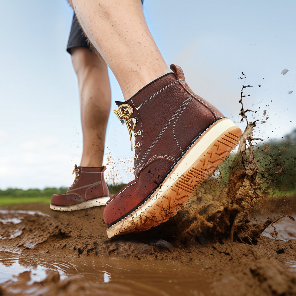 VEVOR Steel Toe Work Boots, US Size 9, Waterproof Moc Toe Work Boots for Men, Slip-Resistant Work Boot, Lightweight and Breathable EVA Rubber Sole Mens Boots for Industry Construction, Brown