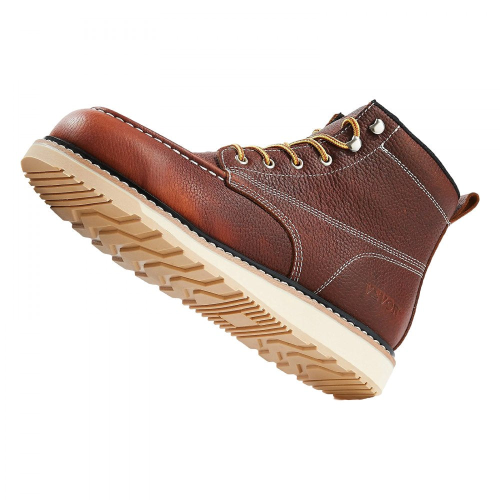 VEVOR Steel Toe Work Boots, US Size 9.5, Waterproof Moc Toe Work Boots for Men, Slip-Resistant Work Boot, Lightweight and Breathable EVA Rubber Sole Mens Boots for Industry Construction, Brown
