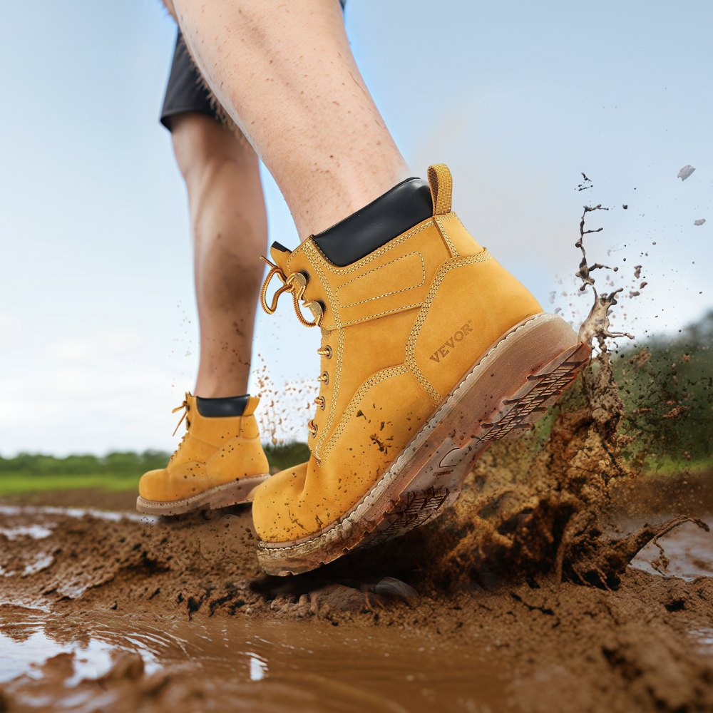 VEVOR Steel Toe Work Boots, US Size 10.5, Waterproof Work Boots for Men, Slip-Resistant Work Boot, Lightweight and Breathable Rubber Sole Mens Boots for Industry Construction, Brown Yellow