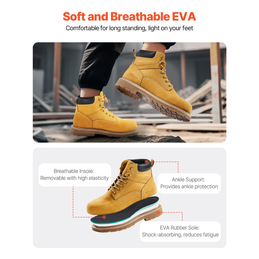 VEVOR Steel Toe Work Boots, US Size 13, Waterproof Work Boots for Men, Slip-Resistant Work Boot, Lightweight and Breathable Rubber Sole Mens Boots for Industry Construction, Brown Yellow