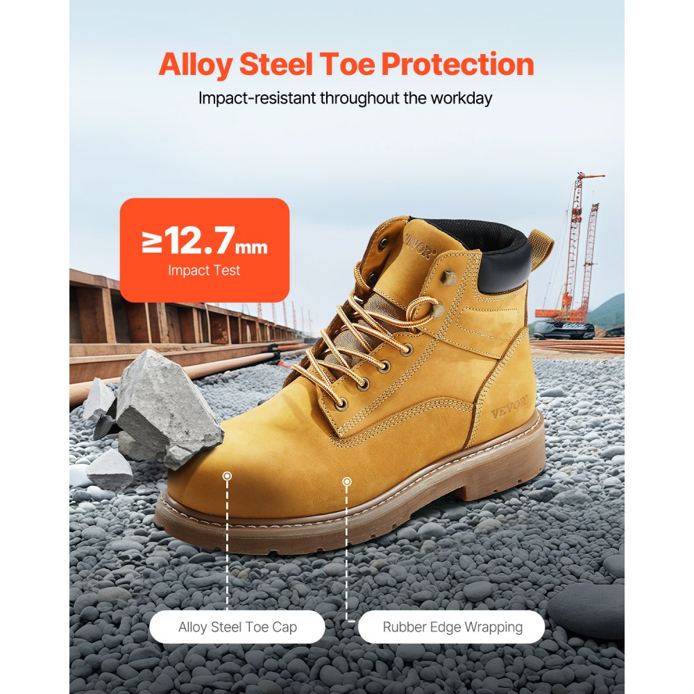 VEVOR Steel Toe Work Boots, US Size 8.5, Waterproof Work Boots for Men, Slip-Resistant Work Boot, Lightweight and Breathable Rubber Sole Mens Boots for Industry Construction, Brown Yellow