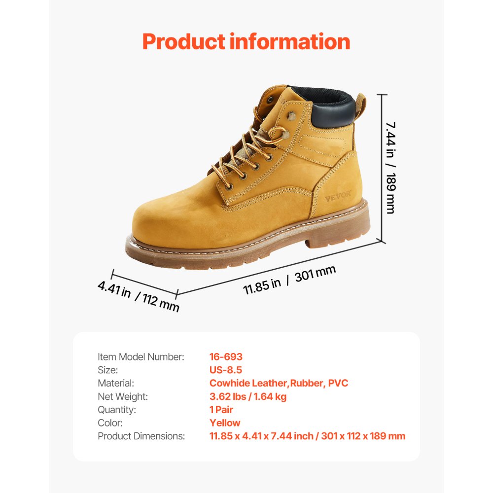 VEVOR Steel Toe Work Boots, US Size 8.5, Waterproof Work Boots for Men, Slip-Resistant Work Boot, Lightweight and Breathable Rubber Sole Mens Boots for Industry Construction, Brown Yellow