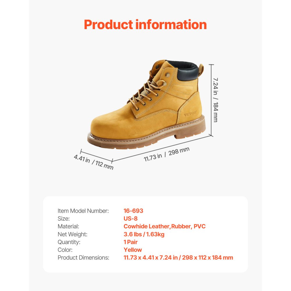 VEVOR Steel Toe Work Boots, US Size 8, Waterproof Work Boots for Men, Slip-Resistant Work Boot, Lightweight and Breathable Rubber Sole Mens Boots for Industry Construction, Brown Yellow