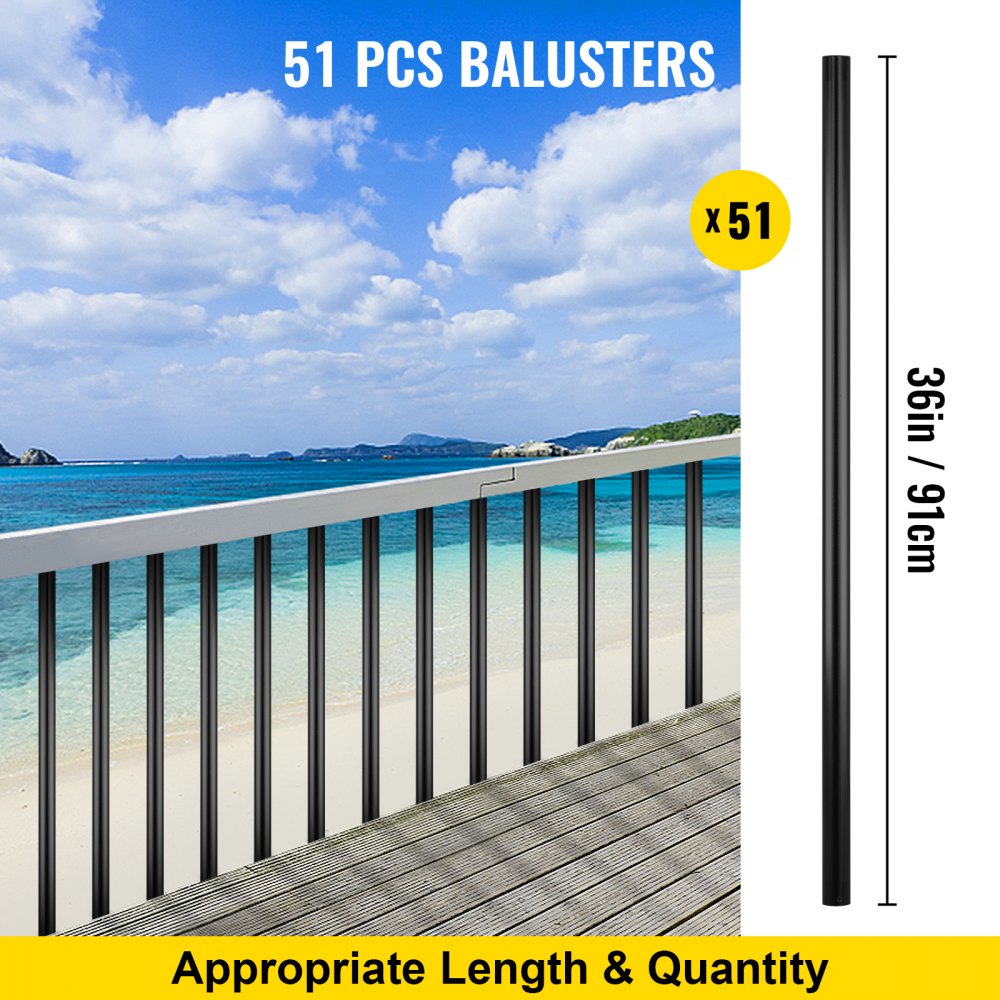 VEVOR Deck Balusters, 51 Pack Metal Deck Spindles, 36\"x0.75\" Staircase Baluster with Screws, Aluminum Alloy Deck Railing for Wood and Composite Deck, Circle Baluster for Outdoor Stair Deck Porch