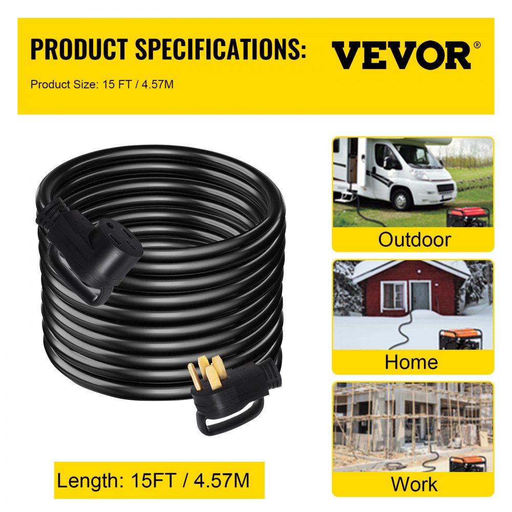 VEVOR Heavy Duty 15 ft 50 Amp RV Extension Cord Power Supply Cable w/Molded Connector&Handles 125V/250V