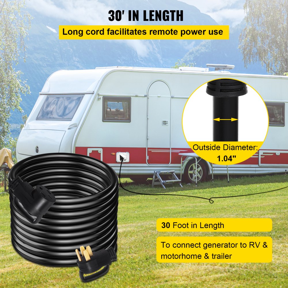 VEVOR Heavy Duty 30 ft 50 Amp RV Extension Cord Power Supply Cable w/Molded Connector&Handles 125 / 250V