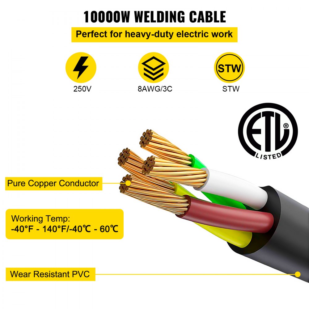 VEVOR Welder Extension Cord 40Amp 50ft 250V, Welding Power Cord with NEMA 6-50 Plug 8 Gauge 3 Prong for MIG,Lincoln,Plasma,Miller,TIG Tested to UL Standards
