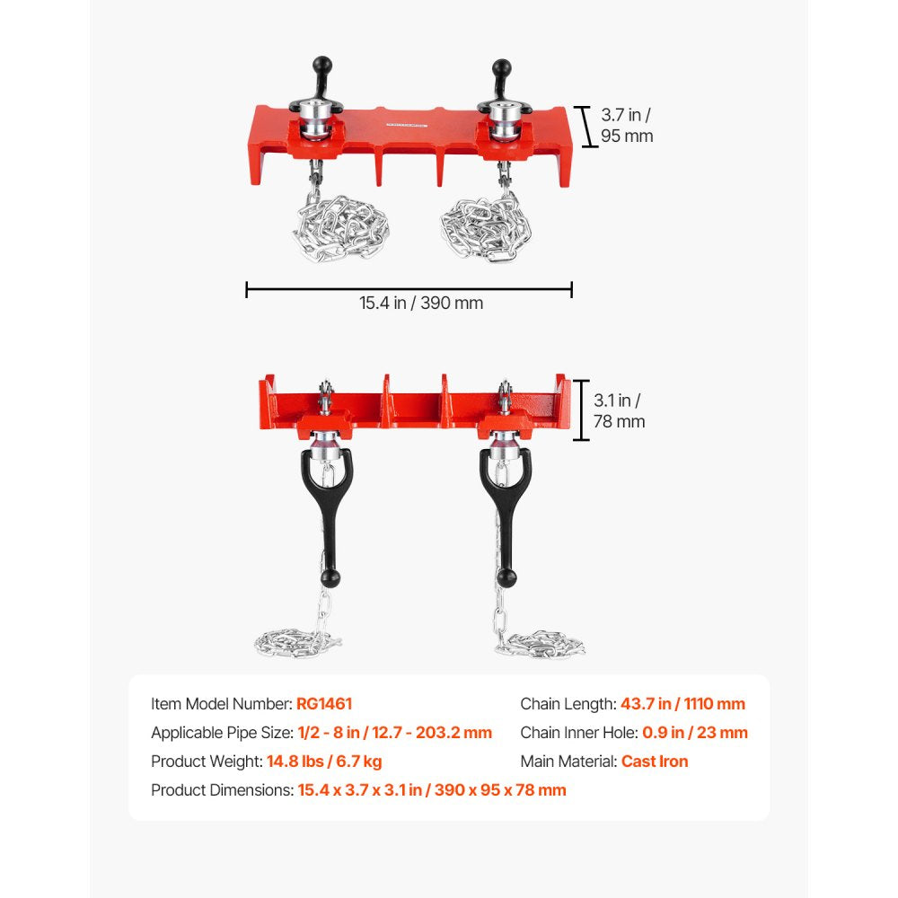 VEVOR Pipe Welding Vise, 1/2" to 8" Pipe Welding Clamp with Dual Chains & Crank Handles, Heavy-Duty Cast Iron Welding Vise for a Variety of Pipes
