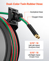 Dual-color twin rubber hose showing acetylene and oxygen hose identification and fittings