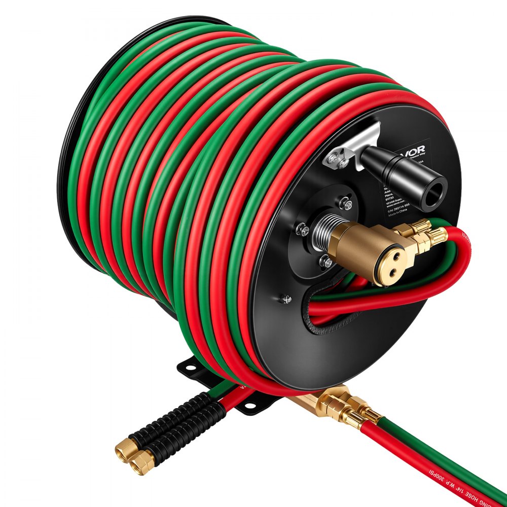 VEVOR Retractable Welding Hose Reel, Hand Crank Manual Rewind Hose Reel with 1/4 Inch x 100FT Twin Oxygen Acetylene Rubber Hose Max 300PSI - T Grade, Ceiling/Wall Mount Steel Reel for Workshop Garages