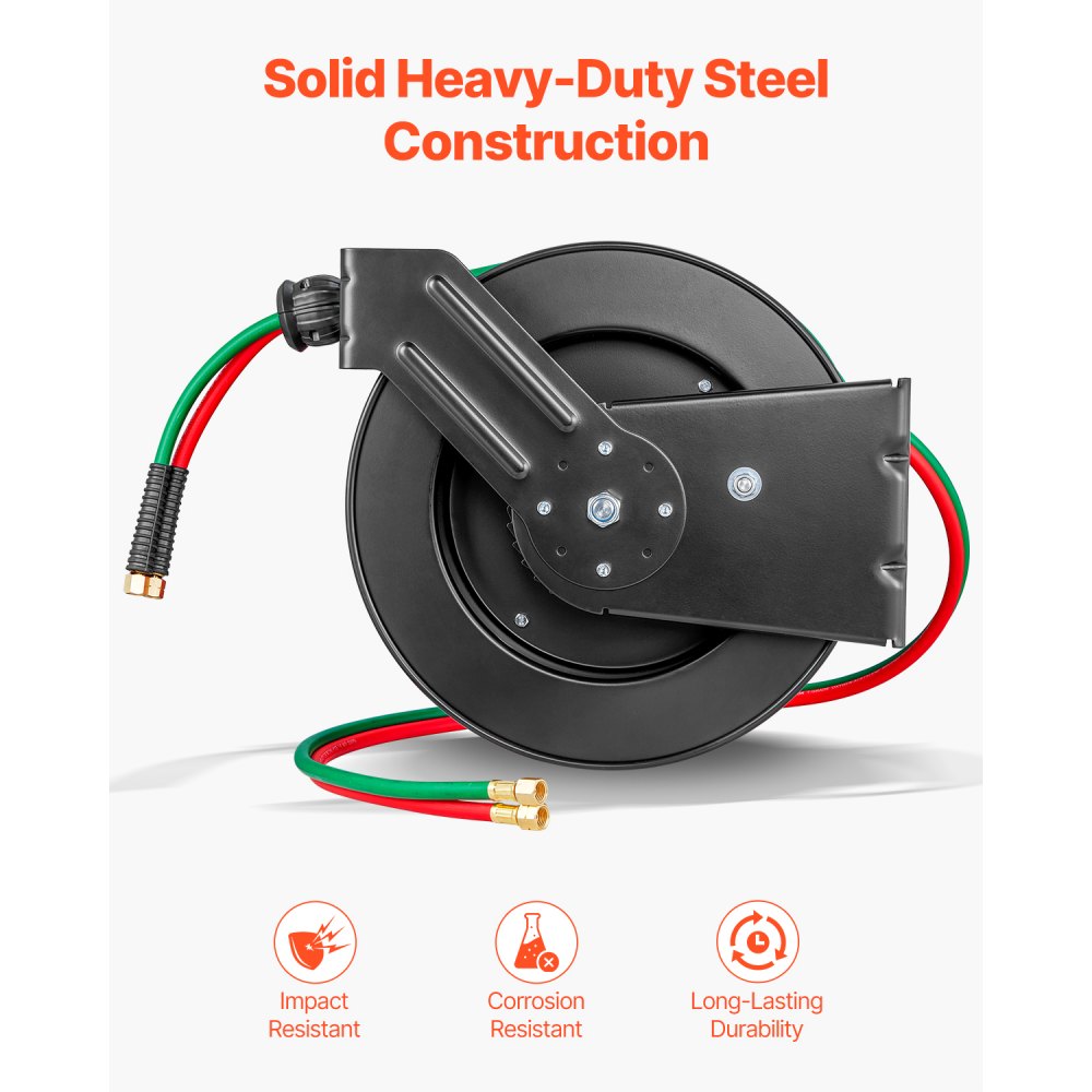 VEVOR Retractable Welding Hose Reel, 1/4-Inch x 50FT Twin Oxygen Acetylene Rubber Hose Max 300PSI - T Grade, Ceiling/Wall Mount Heavy Duty Steel Hose Reel Auto-Rewind, Ideal for Workshops Garages
