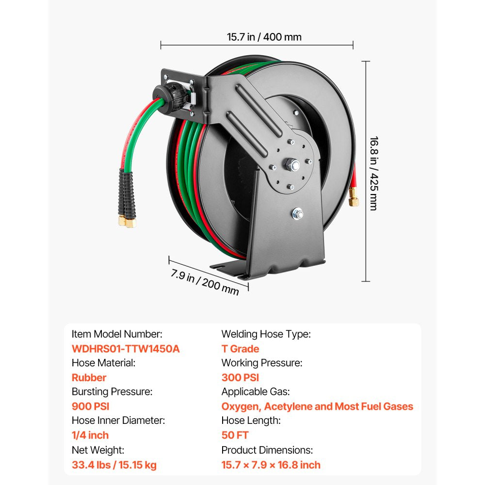 VEVOR Retractable Welding Hose Reel, 1/4-Inch x 50FT Twin Oxygen Acetylene Rubber Hose Max 300PSI - T Grade, Ceiling/Wall Mount Heavy Duty Steel Hose Reel Auto-Rewind, Ideal for Workshops Garages