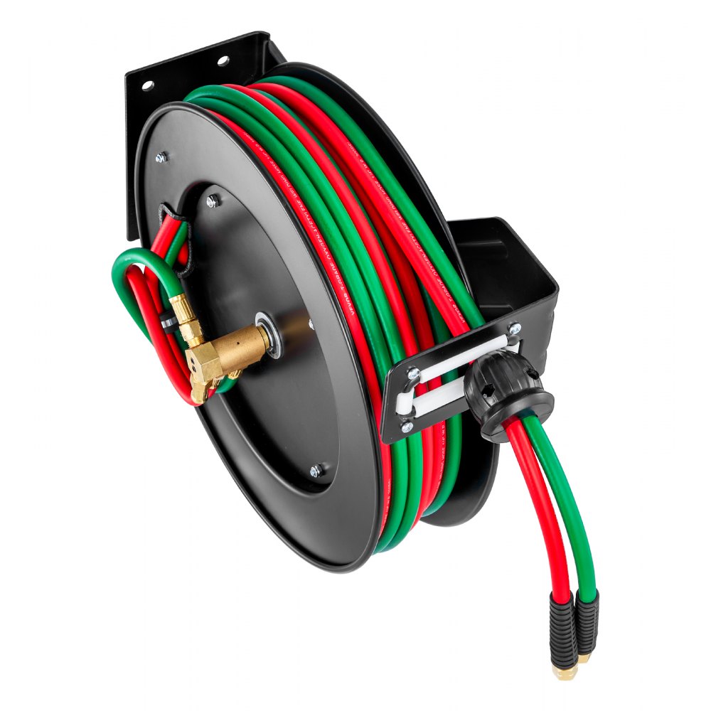 VEVOR Retractable Welding Hose Reel, 1/4-Inch x 50FT Twin Oxygen Acetylene Rubber Hose Max 300PSI - T Grade, Ceiling/Wall Mount Heavy Duty Steel Hose Reel Auto-Rewind, Ideal for Workshops Garages
