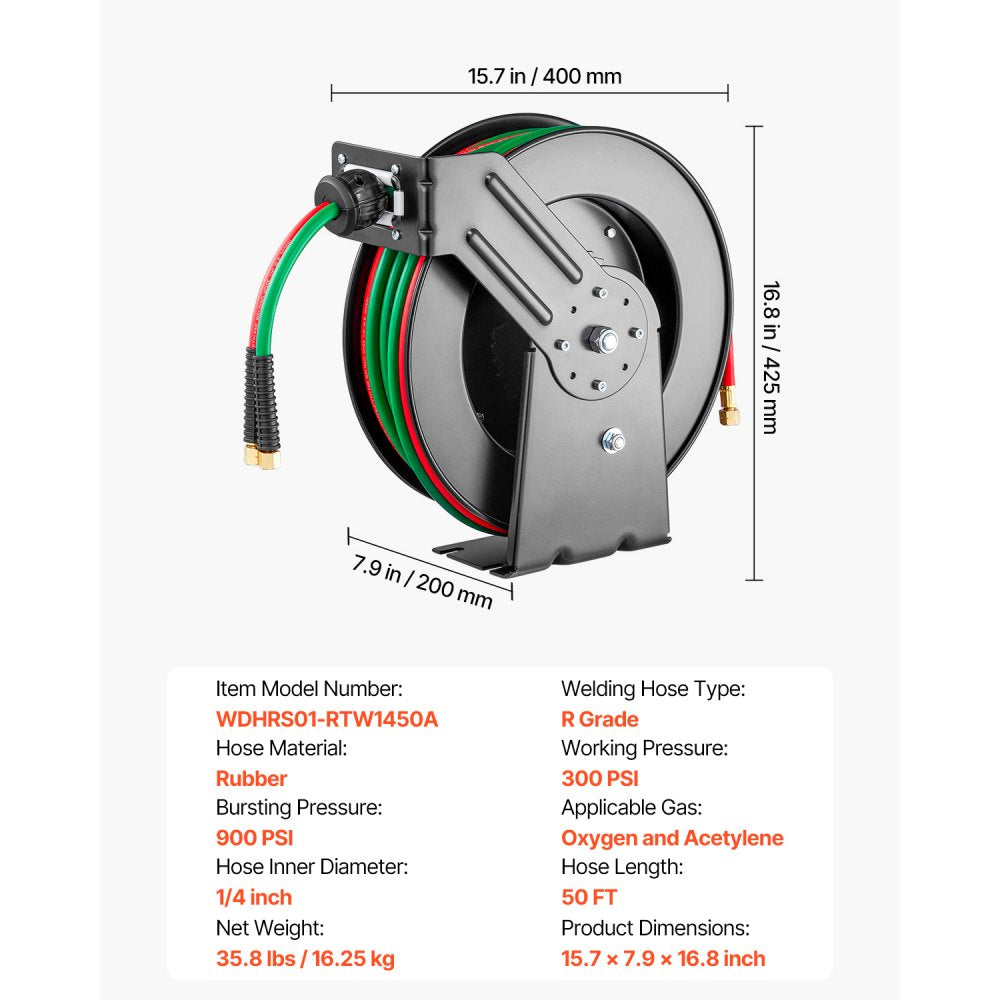 VEVOR Retractable Welding Hose Reel, 1/4-Inch x 50FT Twin Oxygen Acetylene Rubber Hose Max 300PSI - R Grade, Ceiling/Wall Mount Heavy Duty Steel Hose Reel Auto-Rewind, Ideal for Workshops Garages