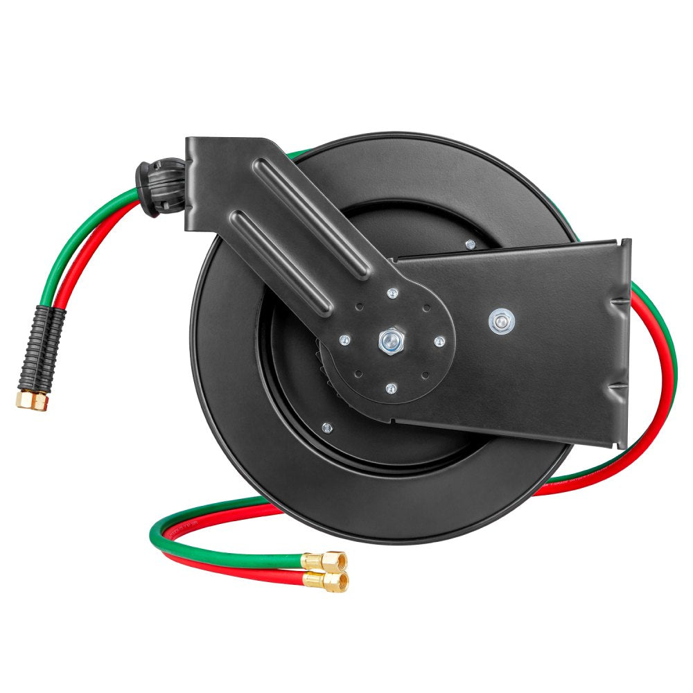 VEVOR Retractable Welding Hose Reel, 1/4-Inch x 50FT Twin Oxygen Acetylene Rubber Hose Max 300PSI - R Grade, Ceiling/Wall Mount Heavy Duty Steel Hose Reel Auto-Rewind, Ideal for Workshops Garages