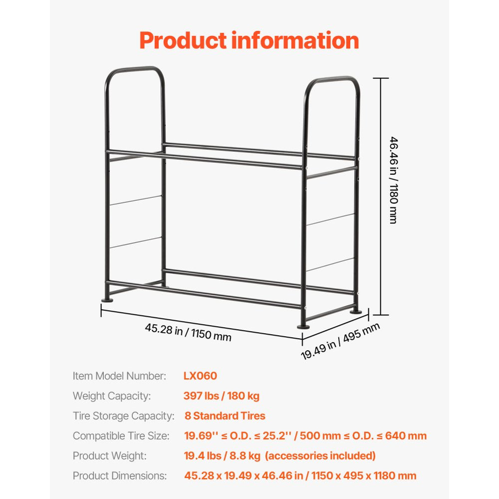 VEVOR Tire Storage Rack, 2-Shelf Tire Stand Holds up to 8 Standard Tires, Q195 Heavy-Duty Steel Tire Holder Carrier with Adjustable Height & Protective Cover for Garage Workshop, 396LBS Loading