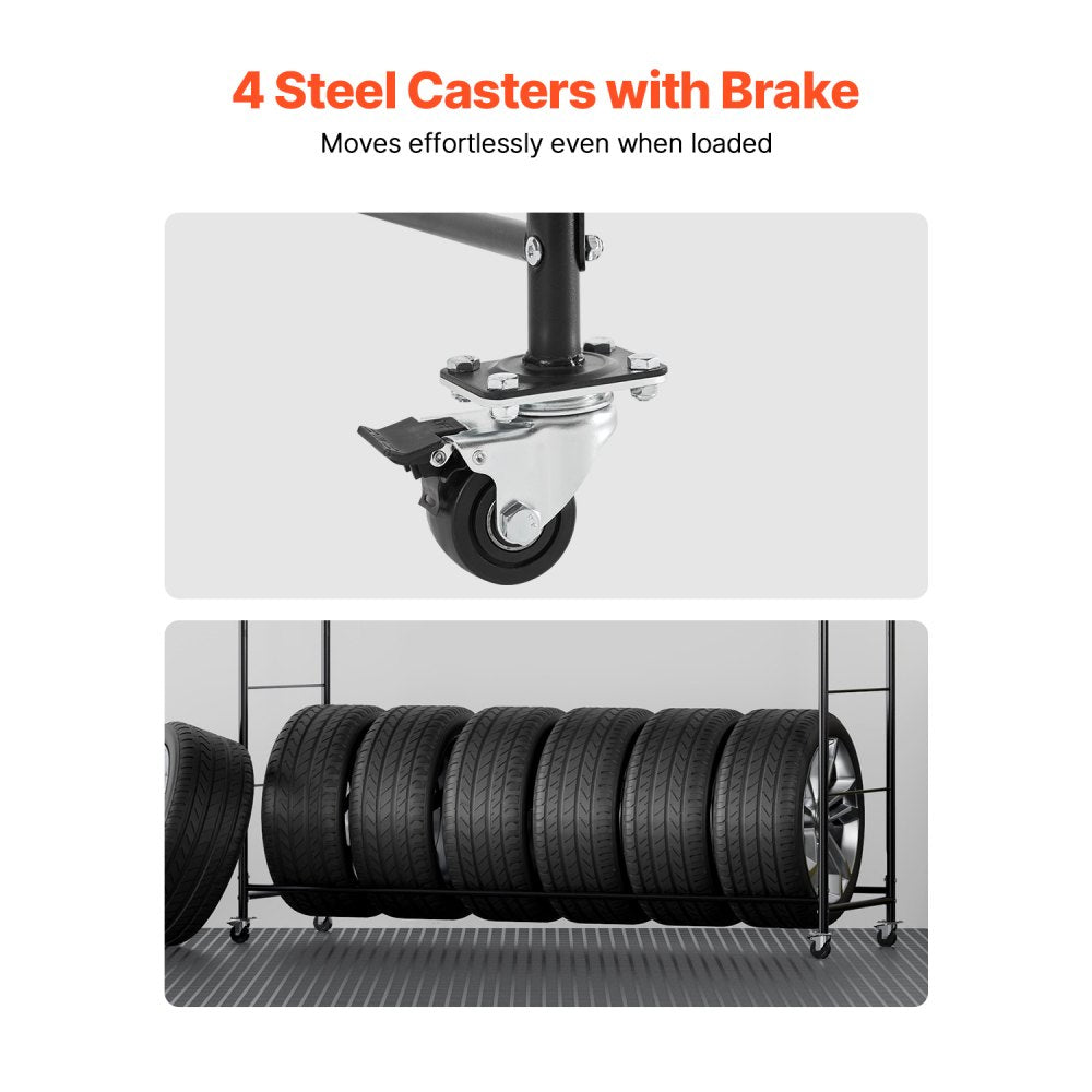 VEVOR Rolling Tire Storage Rack, 2-Shelf Tire Holder and Transport Trailer for Garage, Heavy-Duty Steel Tire Storage Cart with Wheel, Adjustable Height & Protective Cover, Hold up to 12 Standard Tires