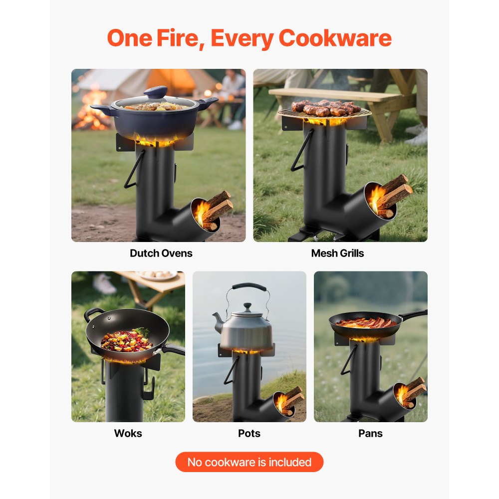 VEVOR Camping Rocket Stove, Wood Burning Portable Rocket Stove with Carrying Bag for Backpacking, Carbon Steel, Burn Wood, Twigs or Sticks for Outdoor Cooking, Backyard, Camp Cooking, Heating, Black
