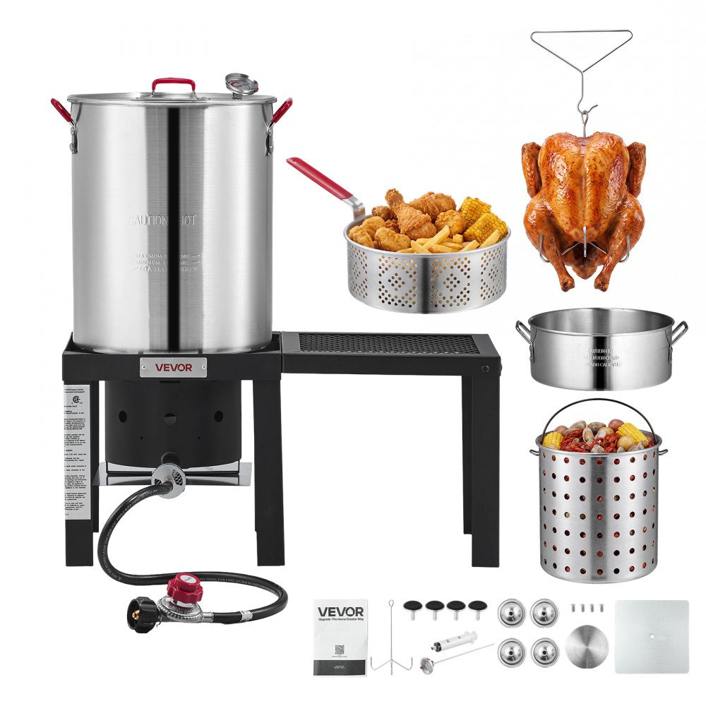 VEVOR 30 QT Turkey Fryer Set and Seafood Boiler Aluminum Deep Frying Pot, Outdoor Cooker for Crawfish, Crab, Lobster, Complete Cooking Kit with Basket, Side Table, Stand, 54,000 BTU Propane Burner