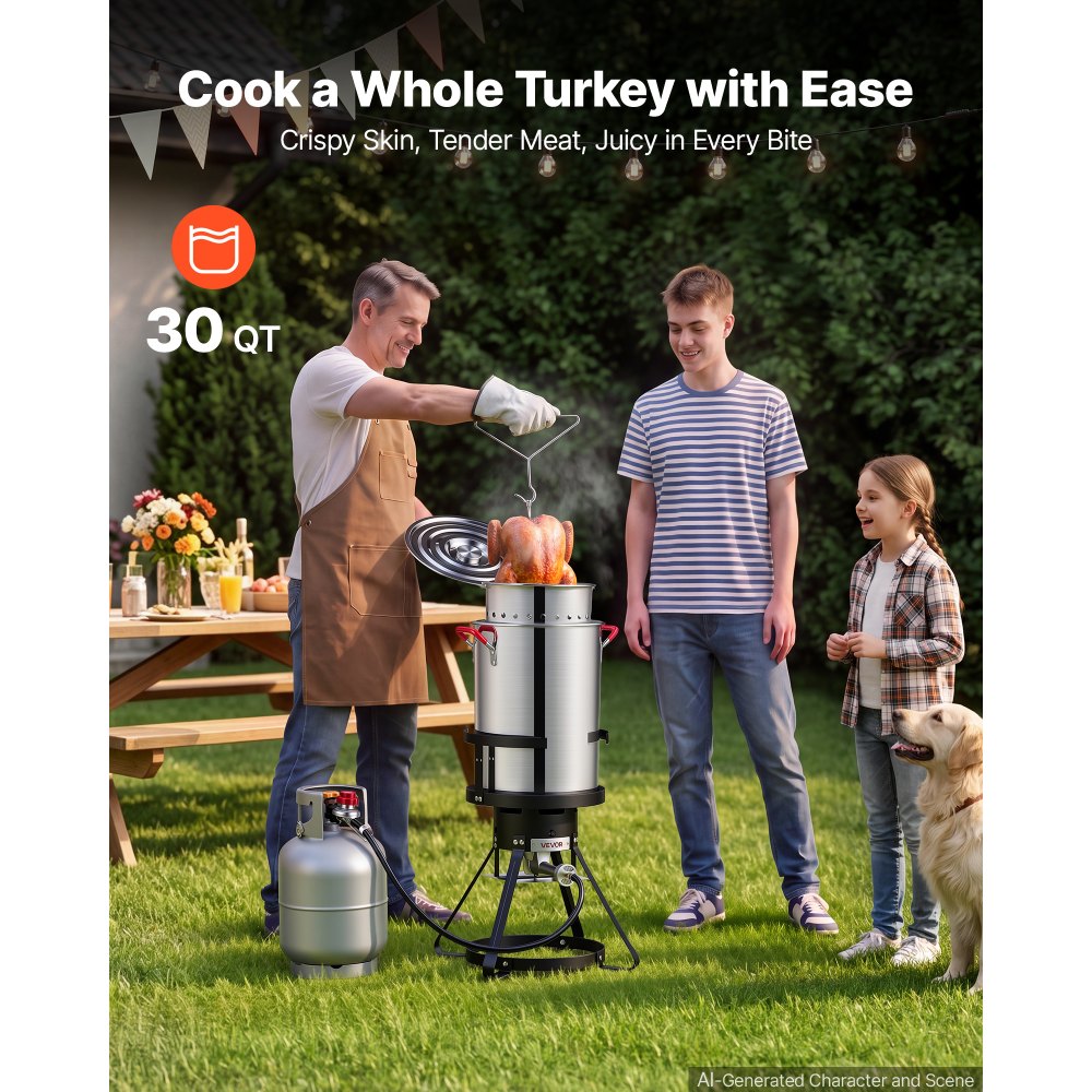 VEVOR 30 QT Turkey Fryer Set and Seafood Boiler Stainless Steel Frying Pot, Outdoor Cooker for Crawfish, Crab, Shrimp, Lobster, Complete Deep Cooking Kit with Basket, Stand, 54,000 BTU Propane Burner