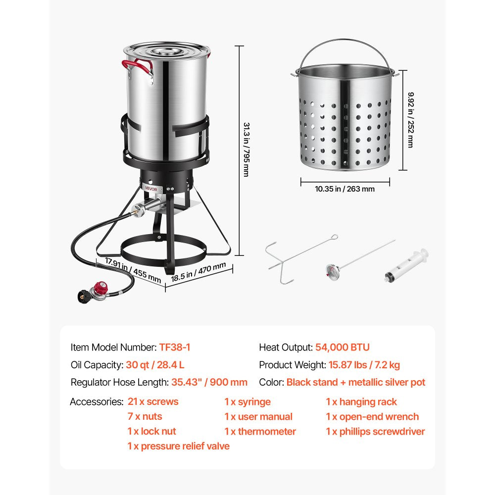 VEVOR 30 QT Turkey Fryer Set and Seafood Boiler Stainless Steel Frying Pot, Outdoor Cooker for Crawfish, Crab, Shrimp, Lobster, Complete Deep Cooking Kit with Basket, Stand, 54,000 BTU Propane Burner