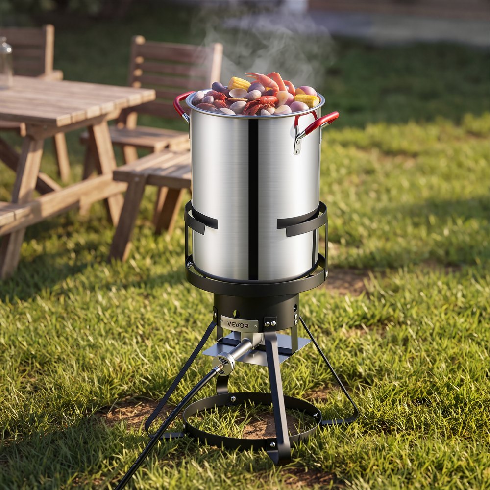 VEVOR 30 QT Turkey Fryer Set and Seafood Boiler Stainless Steel Frying Pot, Outdoor Cooker for Crawfish, Crab, Shrimp, Lobster, Complete Deep Cooking Kit with Basket, Stand, 54,000 BTU Propane Burner