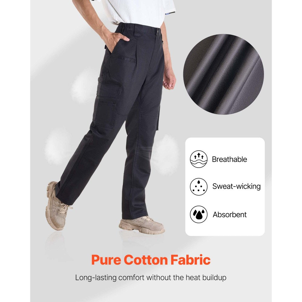 VEVOR FR Pants for Men, 9 oz 100% Cotton, Flame-Resistant Cargo Pants with Multi-Pockets and Elastic Waist, Reinforced Tear-proof Stitching, Ideal for Welding Work and Casual Wear, L Size, Black