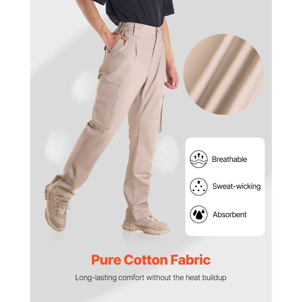 VEVOR FR Pants for Men, 9 oz 100% Cotton, Flame-Resistant Cargo Pants with Multi-Pockets and Elastic Waist, Reinforced Tear-proof Stitching, Ideal for Welding Work and Casual Wear, L Size, Khaki