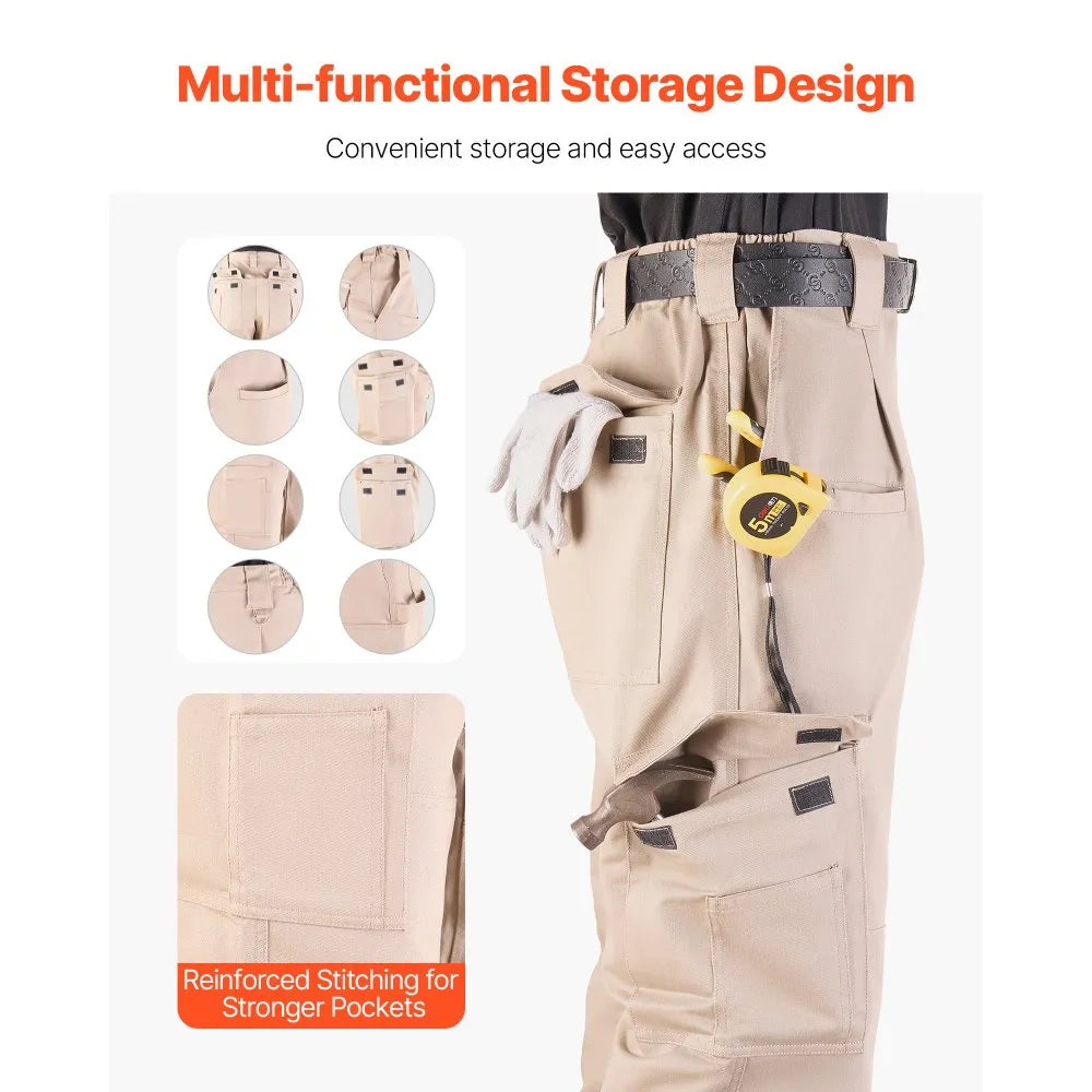 VEVOR FR Pants for Men, 9 oz 100% Cotton, Flame-Resistant Cargo Pants with Multi-Pockets and Elastic Waist, Reinforced Tear-proof Stitching, Ideal for Welding Work and Casual Wear, XL Size, Khaki