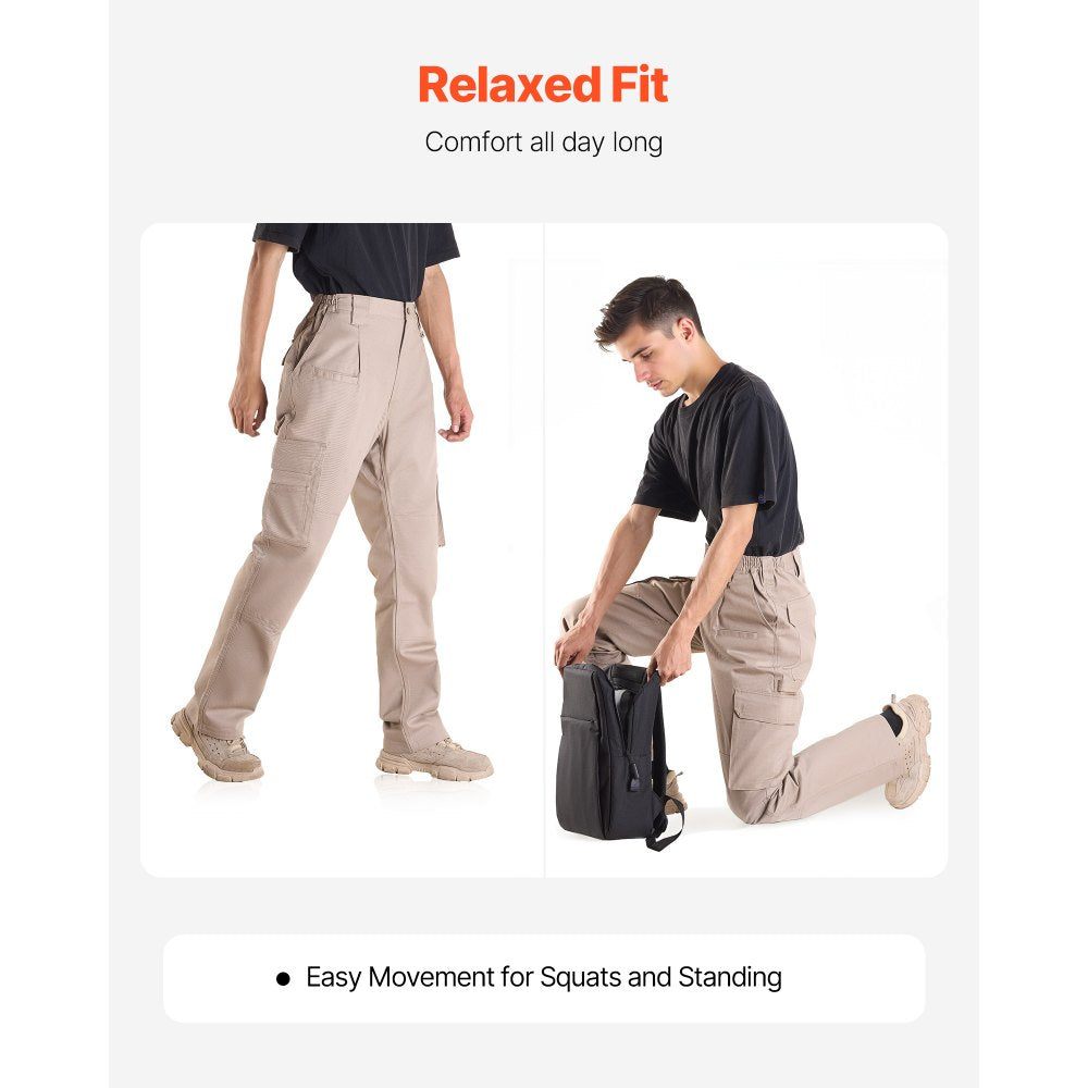 VEVOR FR Pants for Men, 9 oz 100% Cotton, Flame-Resistant Cargo Pants with Multi-Pockets and Elastic Waist, Reinforced Tear-proof Stitching, Ideal for Welding Work and Casual Wear, XXL Size, Khaki