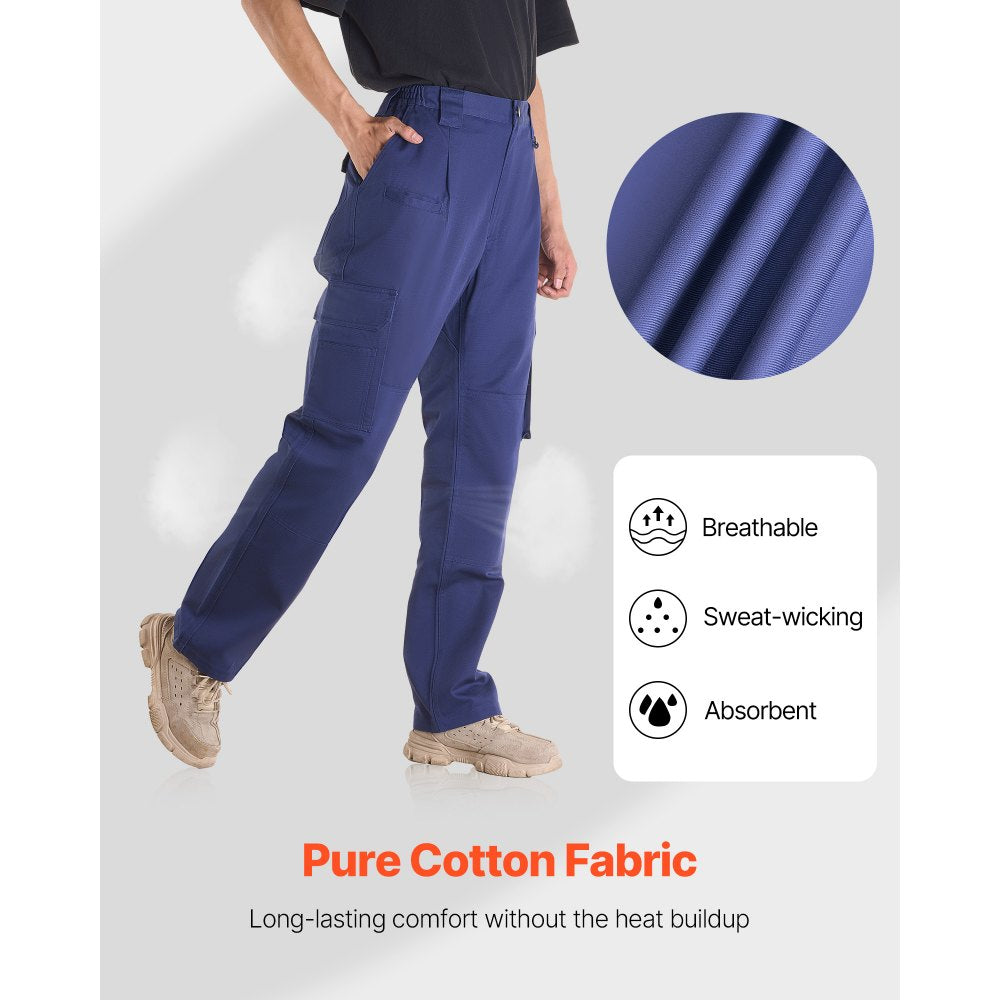 VEVOR FR Pants for Men, 9 oz 100% Cotton, Flame-Resistant Cargo Pants with Multi-Pockets and Elastic Waist, Reinforced Tear-proof Stitching, Ideal for Welding Work and Casual Wear, XL Size, Dark Blue