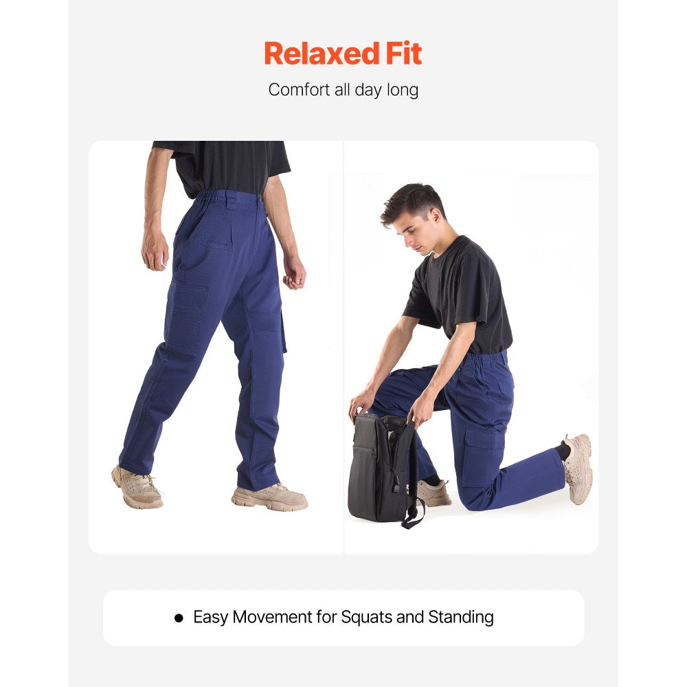 VEVOR FR Pants for Men, 9 oz 100% Cotton, Flame-Resistant Cargo Pants with Multi-Pockets and Elastic Waist, Reinforced Tear-proof Stitching, Ideal for Welding Work and Casual Wear, XL Size, Dark Blue