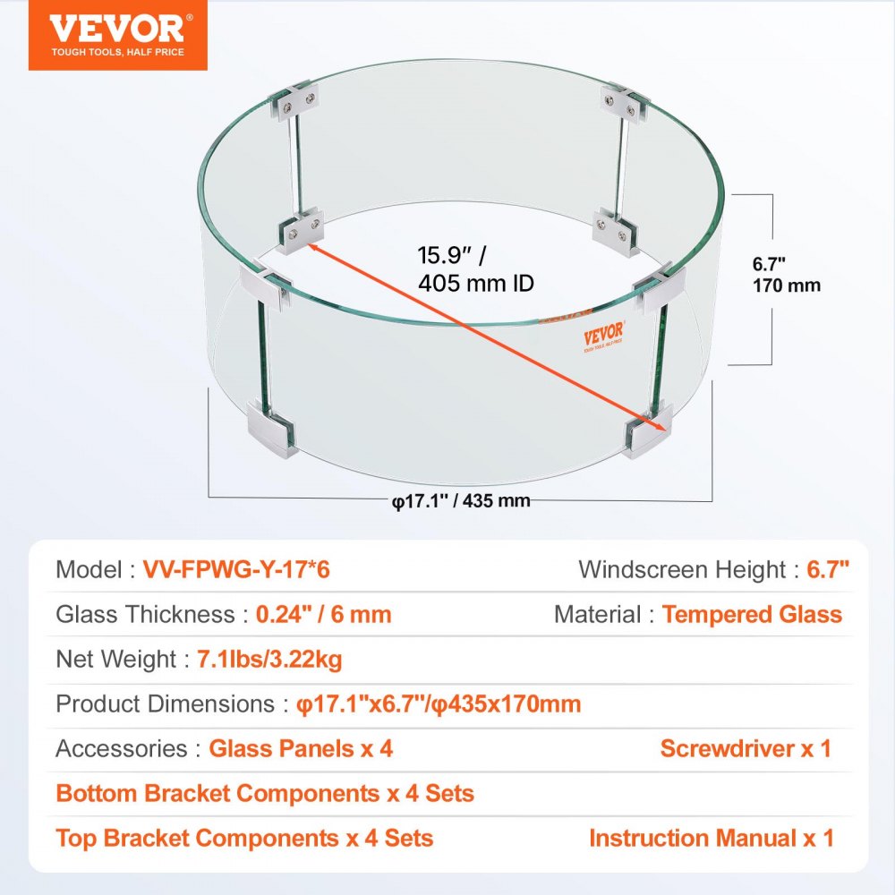 VEVOR Fire Pit Wind Guard, 17 x 6.7 inch Round Glass Flame Shield, 0.24-Inch Thick Fire Table Accessory, Clear Tempered Glass Flame Guard for Propane, Gas, Outdoor, Patio, Backyard