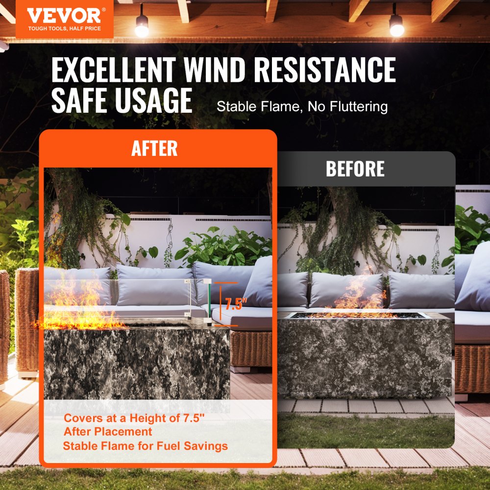 VEVOR Glass Wind Guard for Rectangular Fire Pit Table 44 x 14 x 7.5 Inch, 0.31 inch Thick and Sturdy Tempered Glass Panel with Hard Aluminum Corner Bracket & Rubber Feet, Easy to Assemble