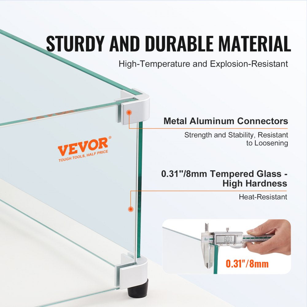 VEVOR Glass Wind Guard for Rectangular Fire Pit Table 31 x 12.5 x 6.5 Inch, 0.31 inch Thick and Sturdy Tempered Glass Panel with Hard Aluminum Corner Bracket & Rubber Feet, Easy to Assemble