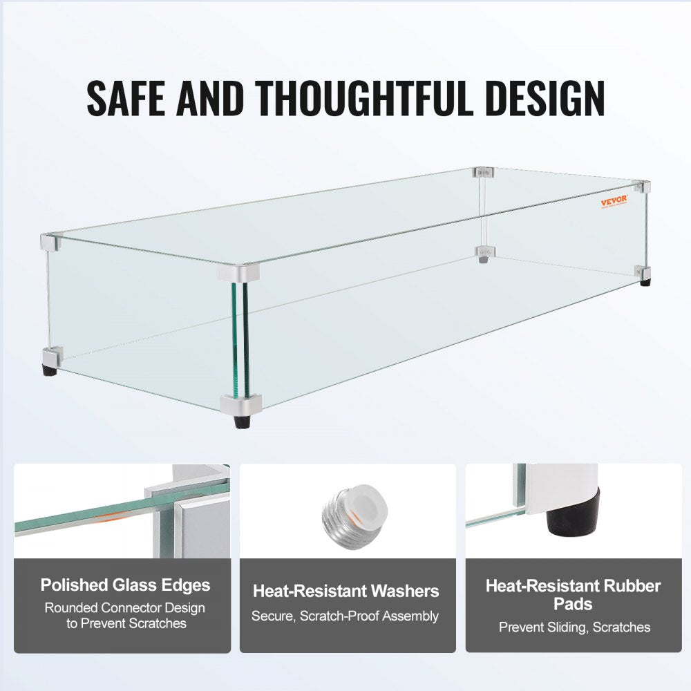 VEVOR Glass Wind Guard for Rectangular Fire Pit Table 31 x 12.5 x 6.5 Inch, 0.31 inch Thick and Sturdy Tempered Glass Panel with Hard Aluminum Corner Bracket & Rubber Feet, Easy to Assemble