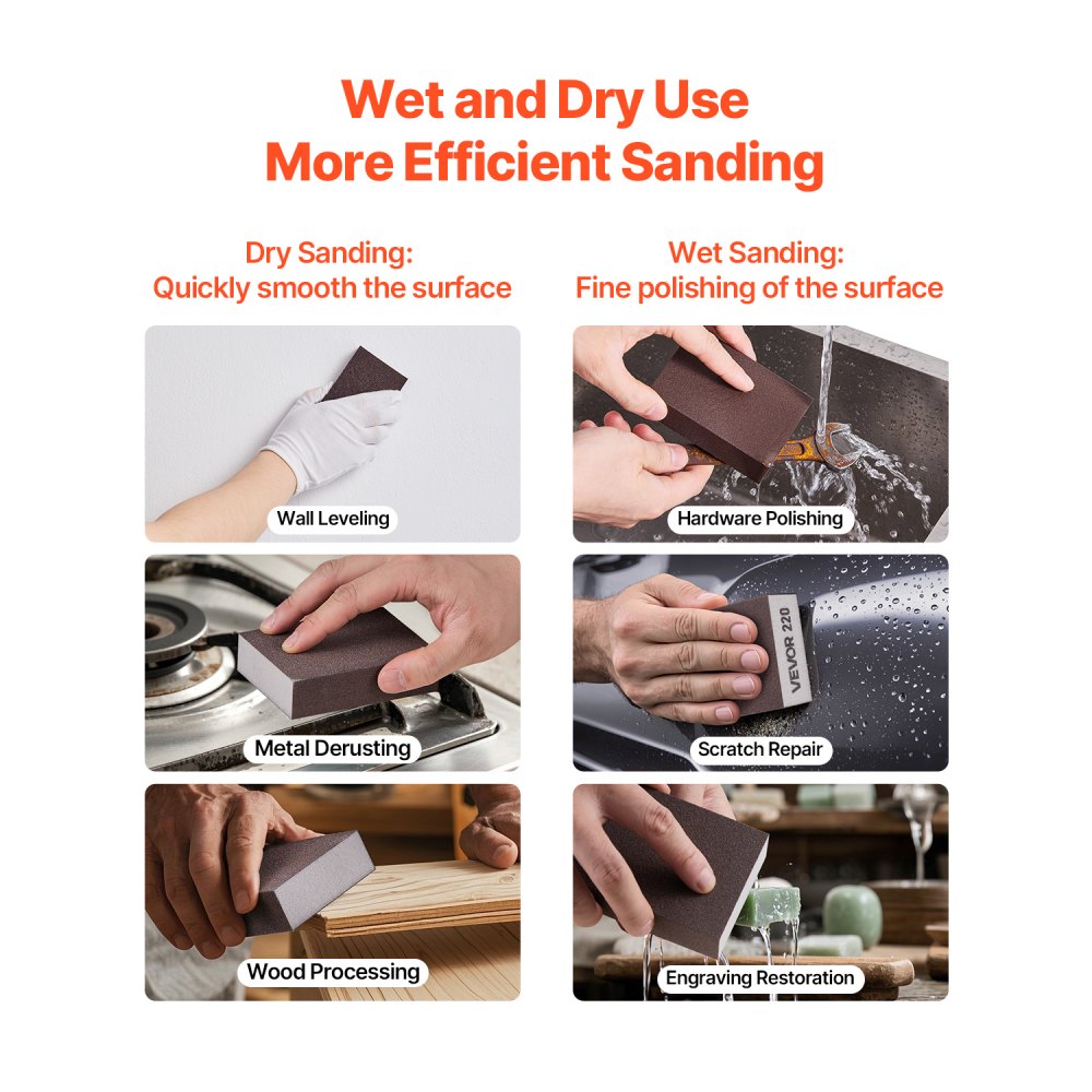 VEVOR Sanding Sponge, 10 Pcs, 60/80/120/180/220 Grit Assortment(2 Each), Washable and Reusable Sanding Blocks for Dry & Wet Use, Coarse to Fine Sandpaper Blocks, for Drywall Wood Metal Furniture